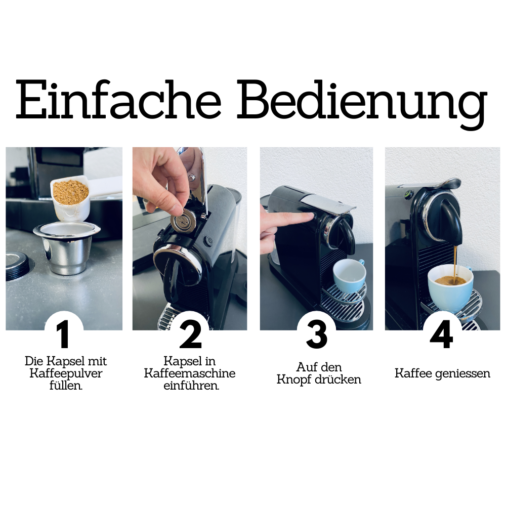 Wiederverwendbare Nespresso-Kapsel aus Edelstahl gefüllt mit frisch gemahlenem Kaffee – nachhaltige Alternative zu Einwegkapseln