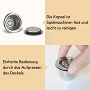 Wiederverwendbare Nespresso-Kapsel aus Edelstahl gefüllt mit frisch gemahlenem Kaffee – nachhaltige Alternative zu Einwegkapseln