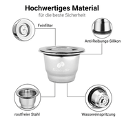 Wiederverwendbare Nespresso-Kapsel aus Edelstahl gefüllt mit frisch gemahlenem Kaffee – nachhaltige Alternative zu Einwegkapseln