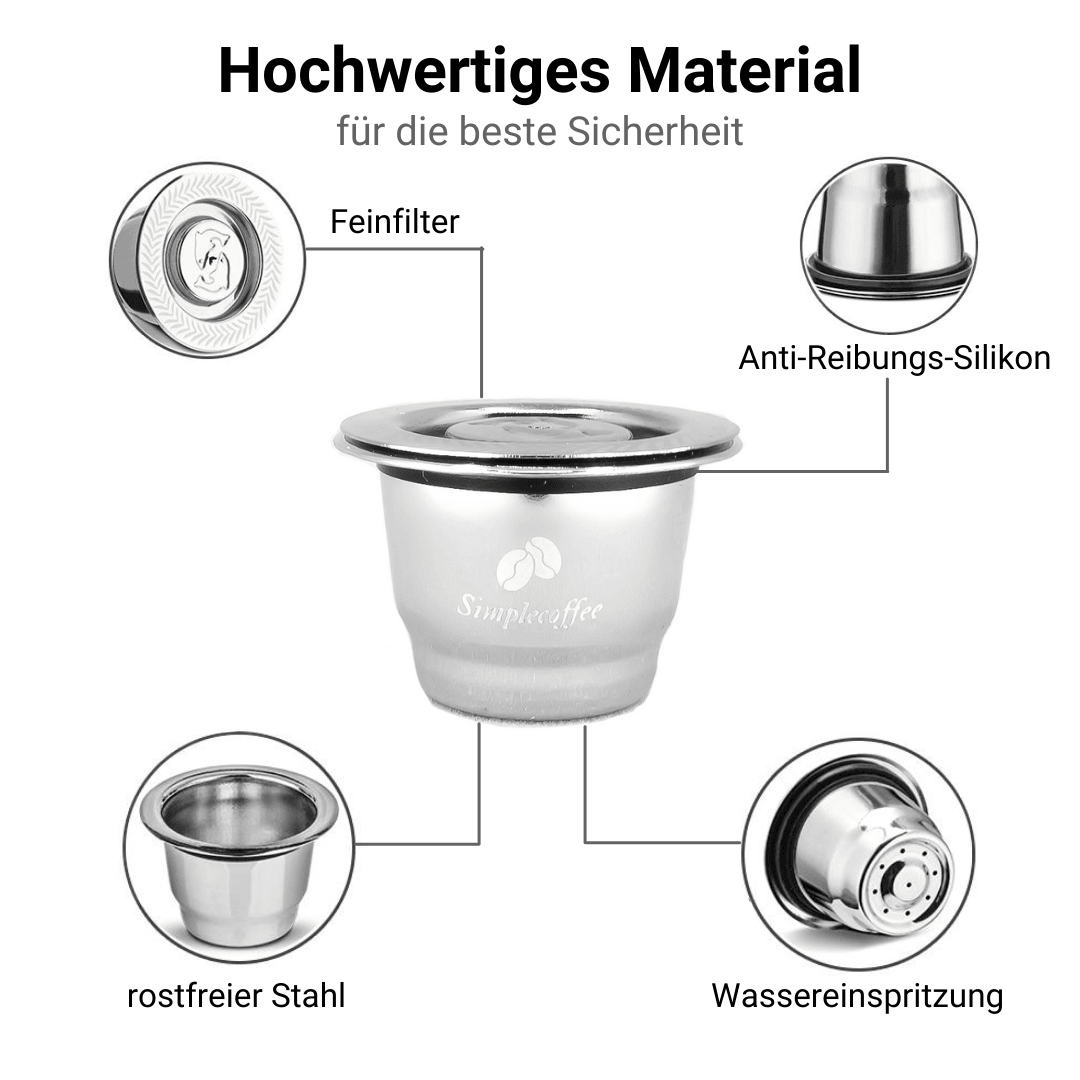 Wiederverwendbare Nespresso-Kapsel aus Edelstahl gefüllt mit frisch gemahlenem Kaffee – nachhaltige Alternative zu Einwegkapseln